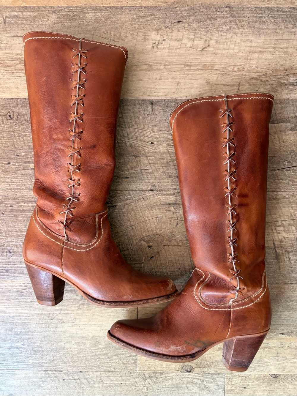 Vintage Nobil’s Side Stitch Lace Up Leather Heeled Boots Size 7.5B Western Boho